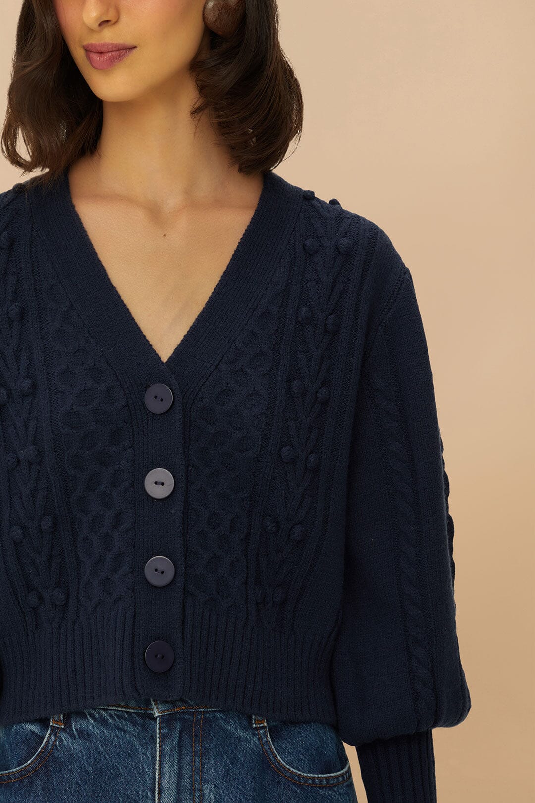 Navy Blue Mixed Stitches Knit Cardigan