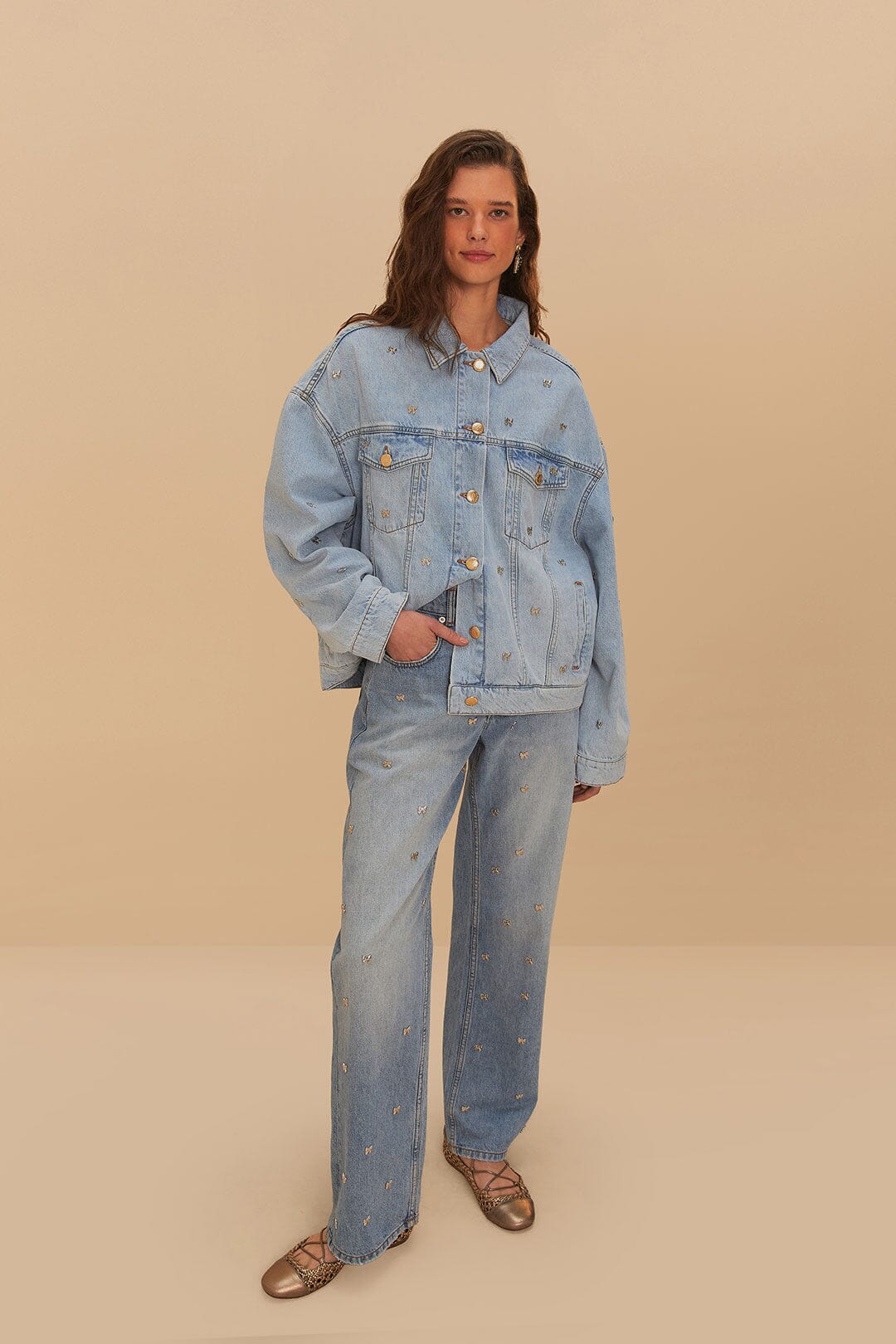 Denim Embroidered Bows Pants