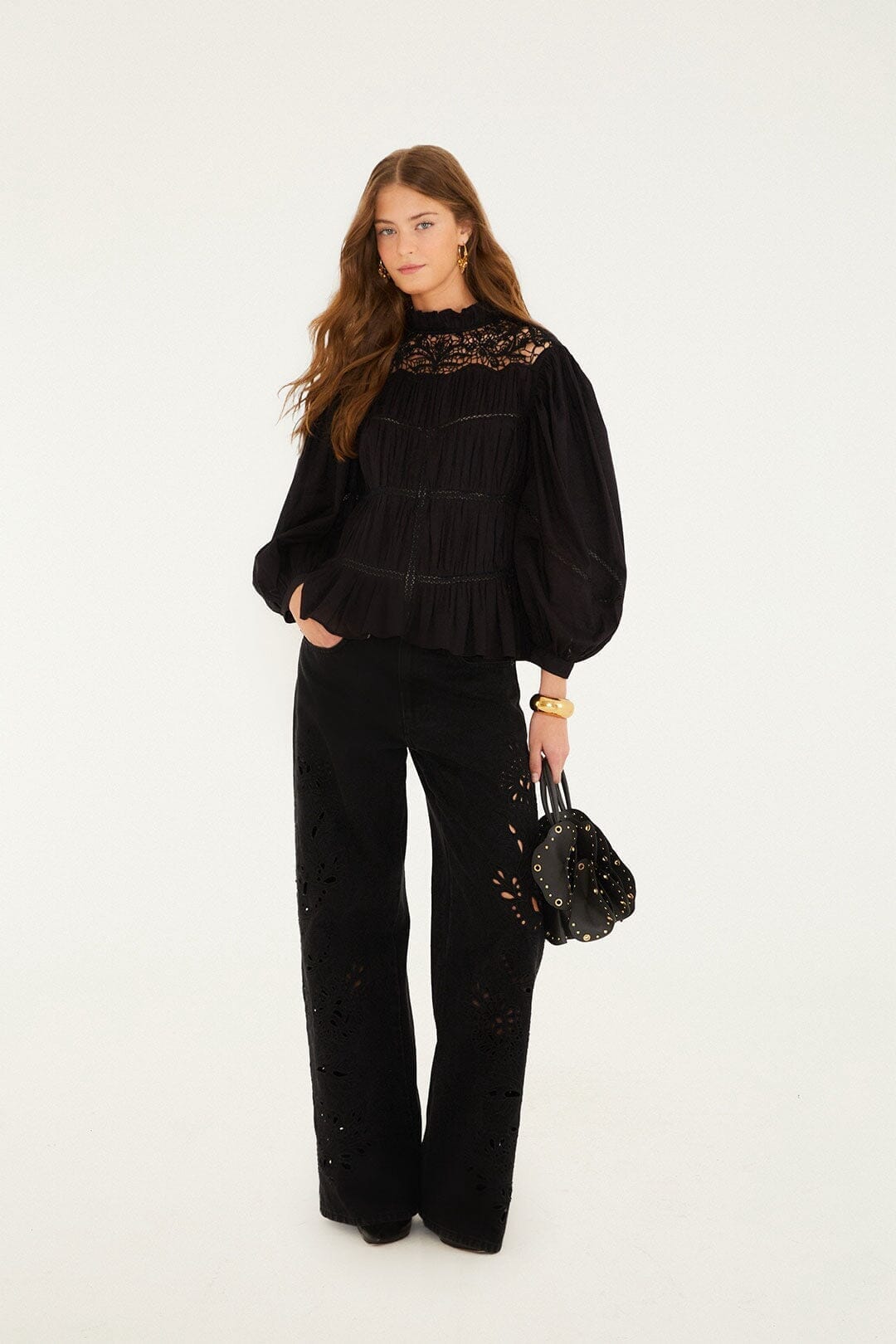 Black Cut-Out Richelieu Denim Pants