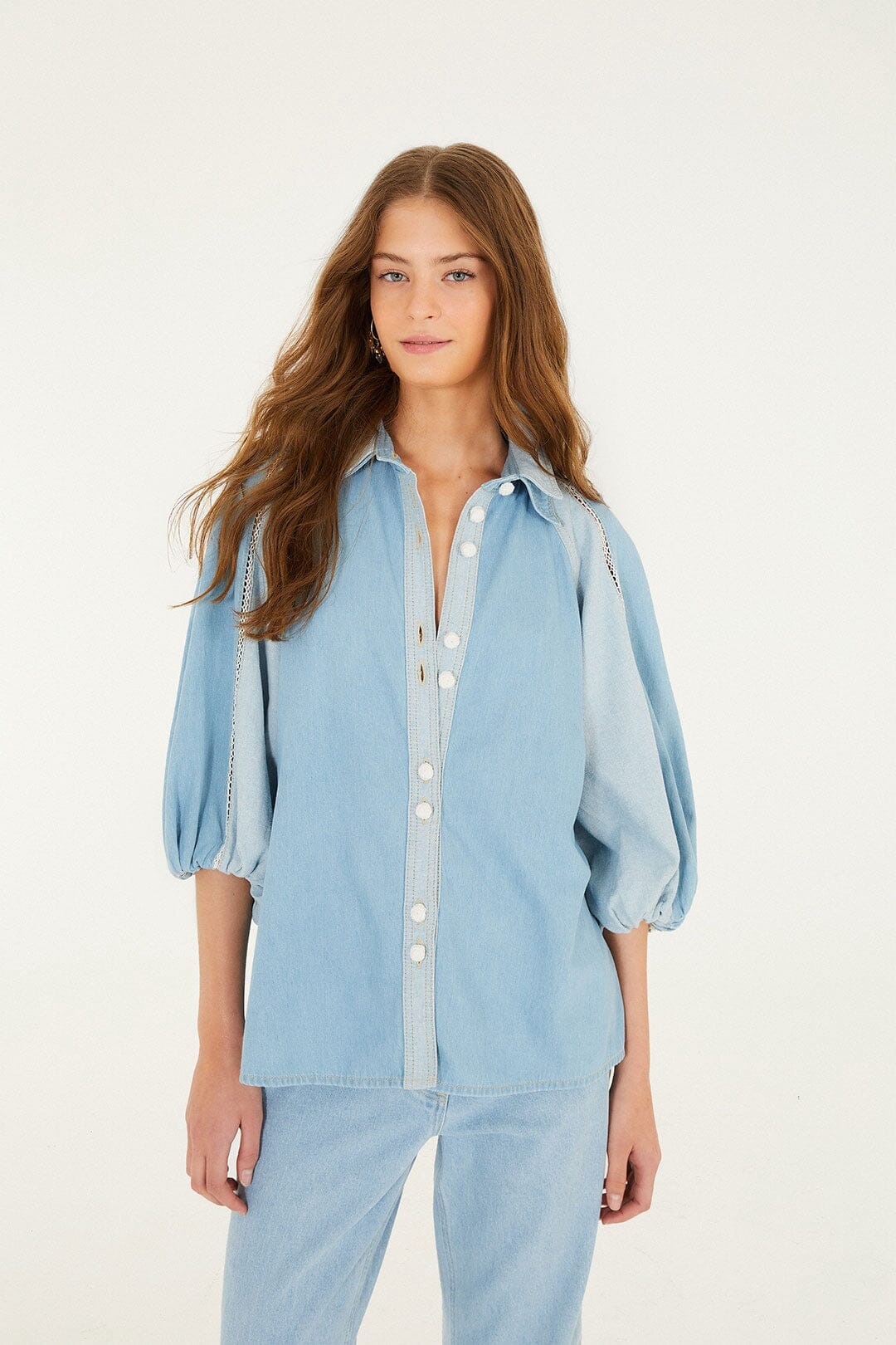 Denim Bicolor Puff Sleeve Shirt