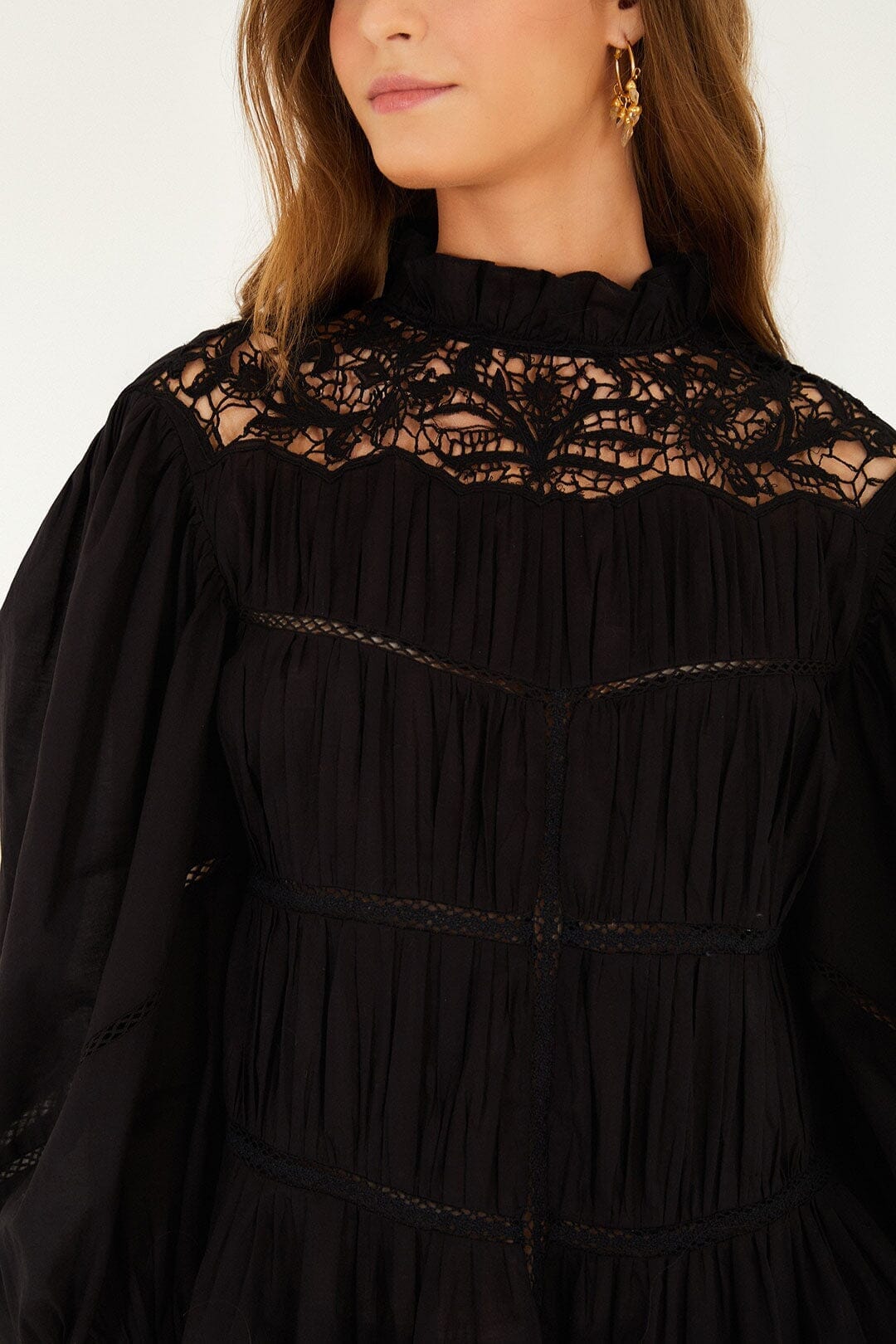 Black Lace Puff Sleeve Blouse