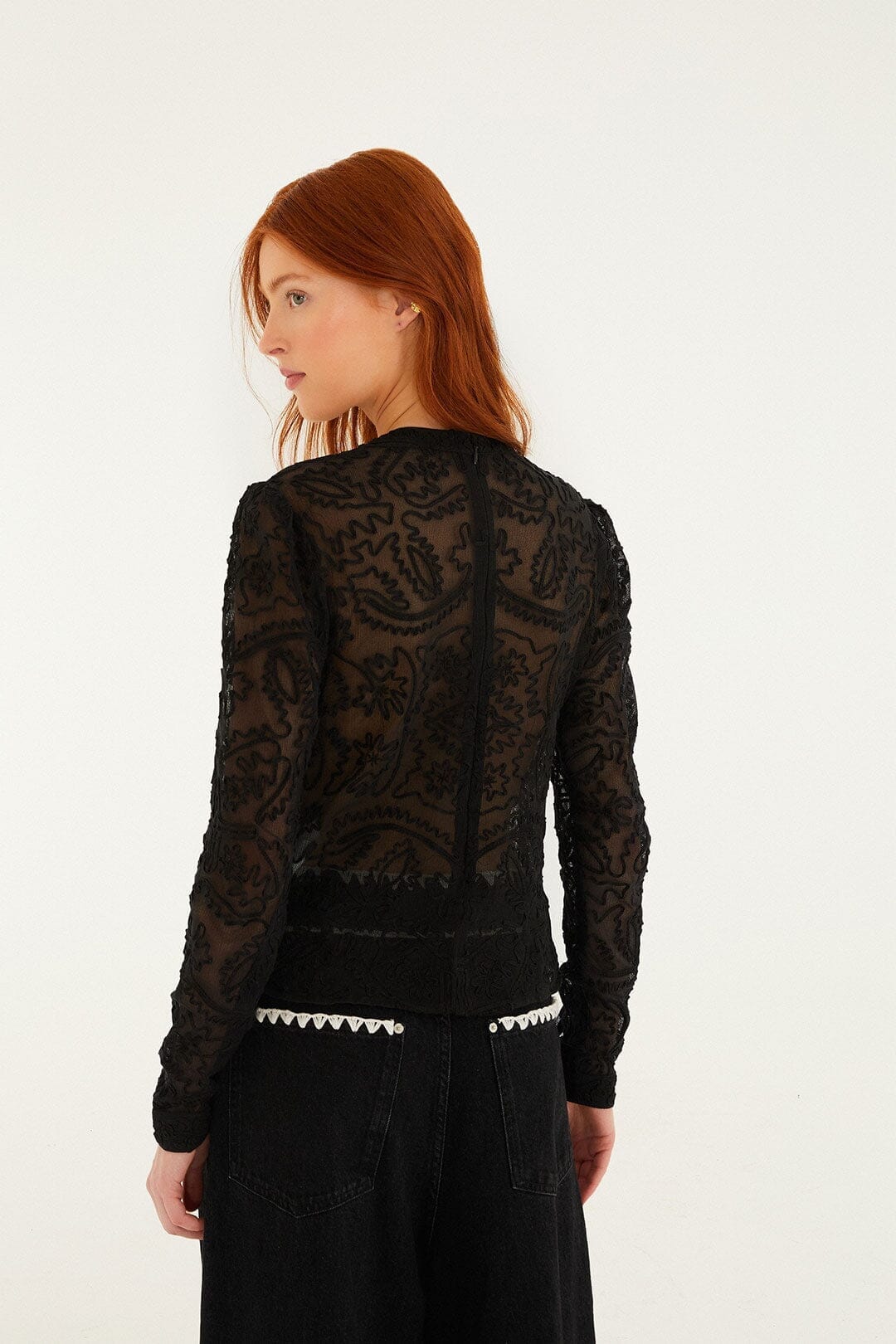 Black Embroidered Long Sleeve Blouse